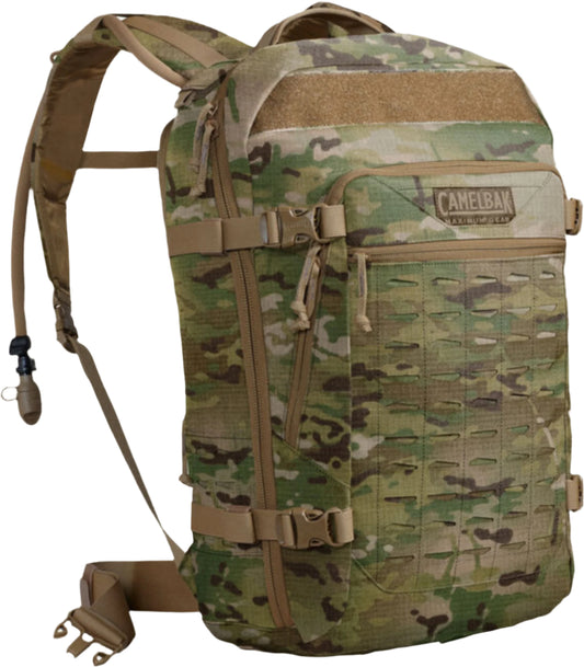 A camouflage pattern hydration backpack with adjustable shoulder straps and multiple attachment points.