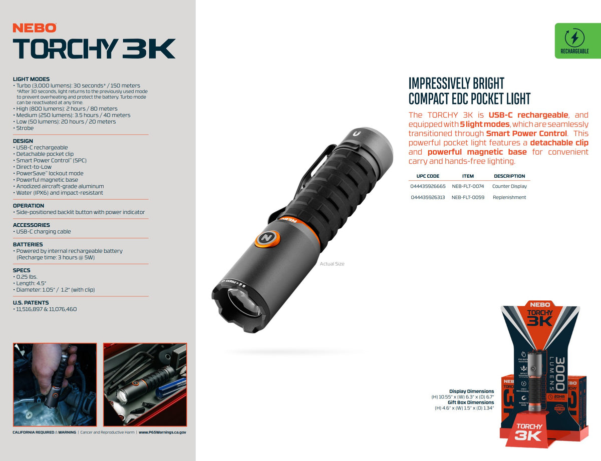 NEBO TORCHY 3K 3000 Lumen Compact Pocket Flashlight